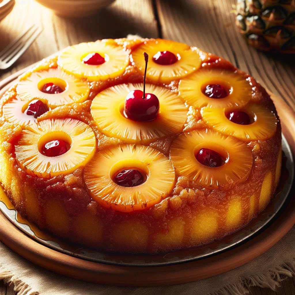 Golden pineapple upside down cake topped with caramelised pineapple pieces