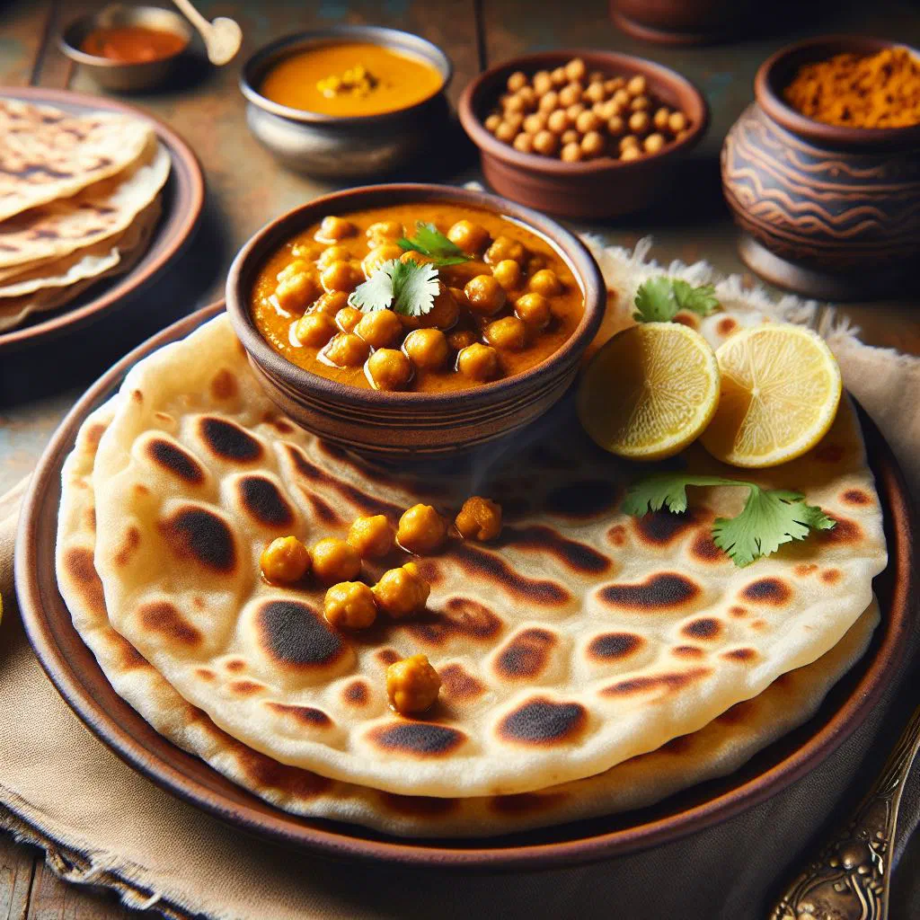 Soft roti flatbread served with curried chickpeas in a fragrant coconut sauce