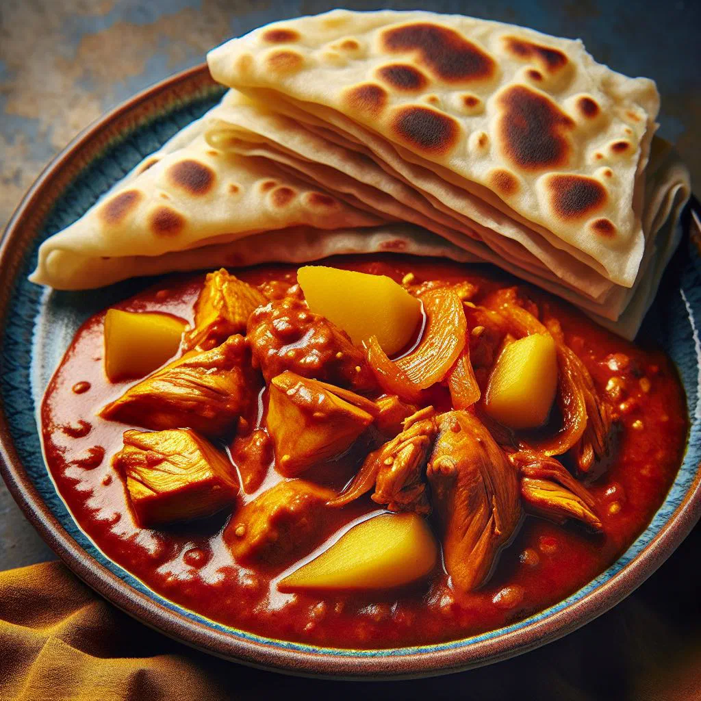 Curry chicken in a creamy coconut sauce served with soft roti flatbread