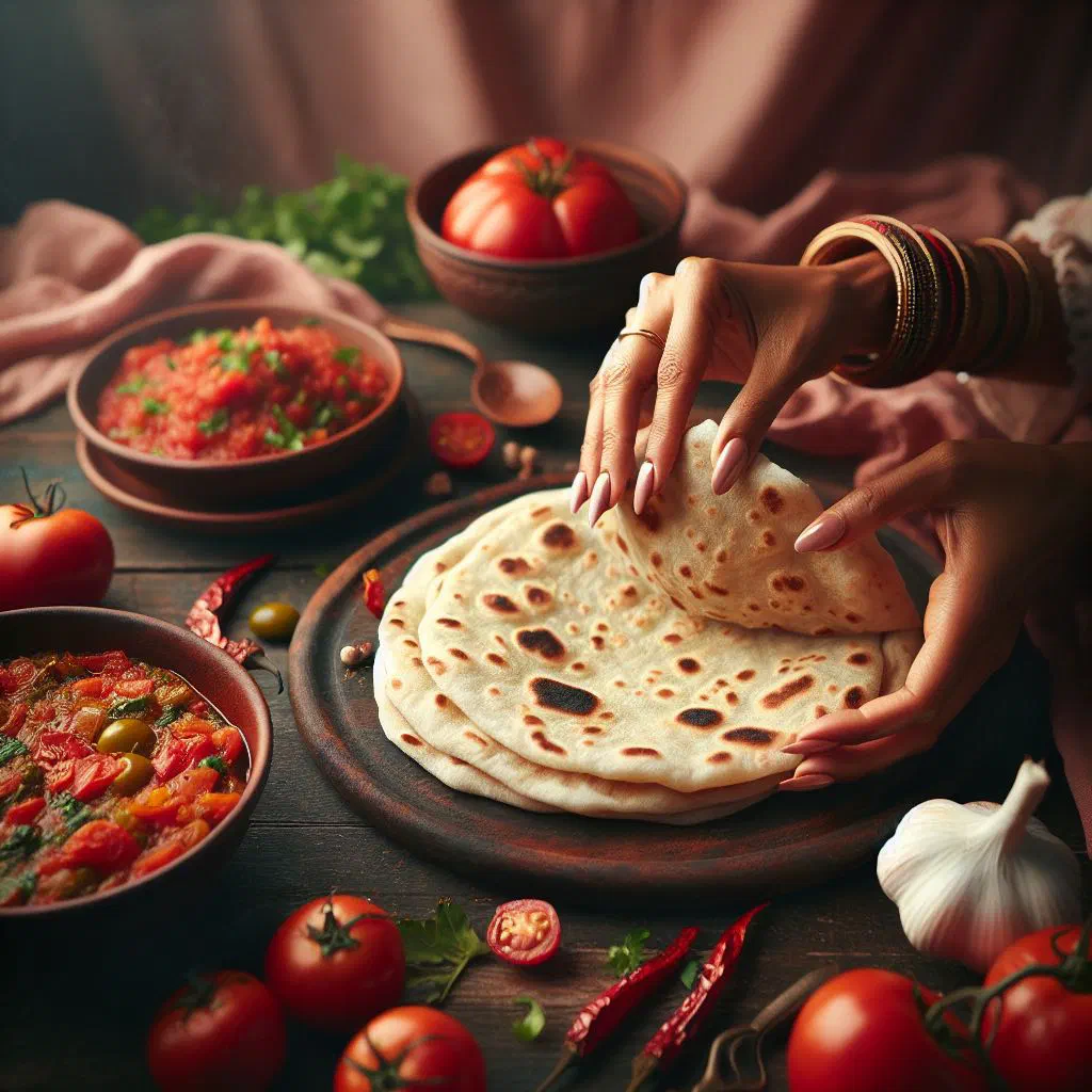 Soft sada roti flatbreads served with a bowl of spicy tomato choka