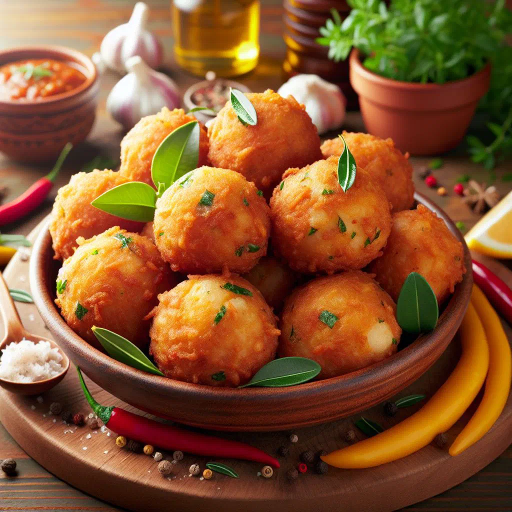 Golden-brown saltfish accra fritters served warm on a plate