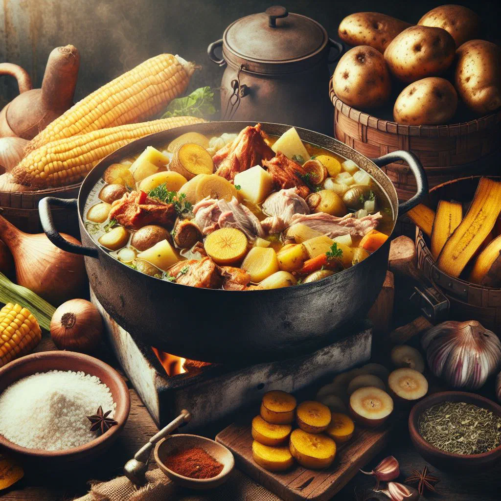 Hearty bowl of sancoche stew with beef and root vegetables