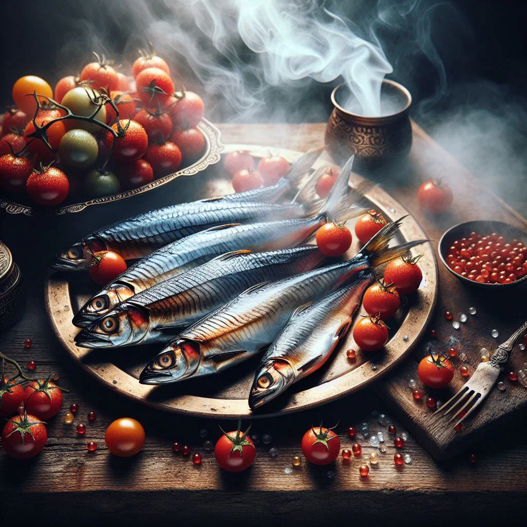 Smoke herring and tomatoes sautéed with onions and peppers in a pan