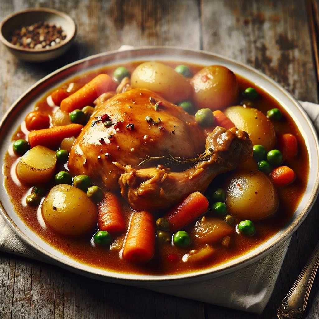 Trinidadian stewed chicken in a rich tomato and pepper sauce, garnished with fresh coriander