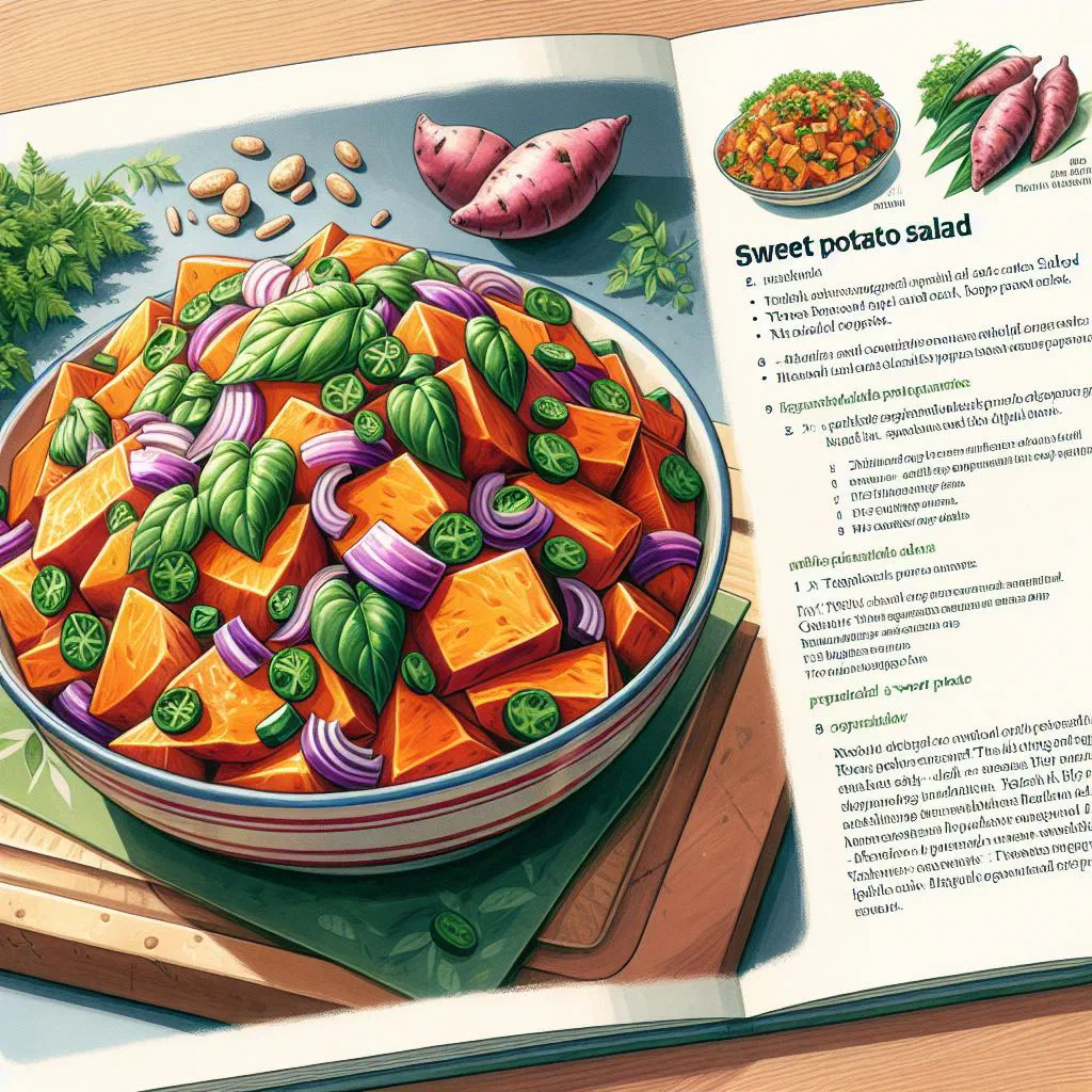 Colourful sweet potato salad with diced peppers, red onion and fresh coriander