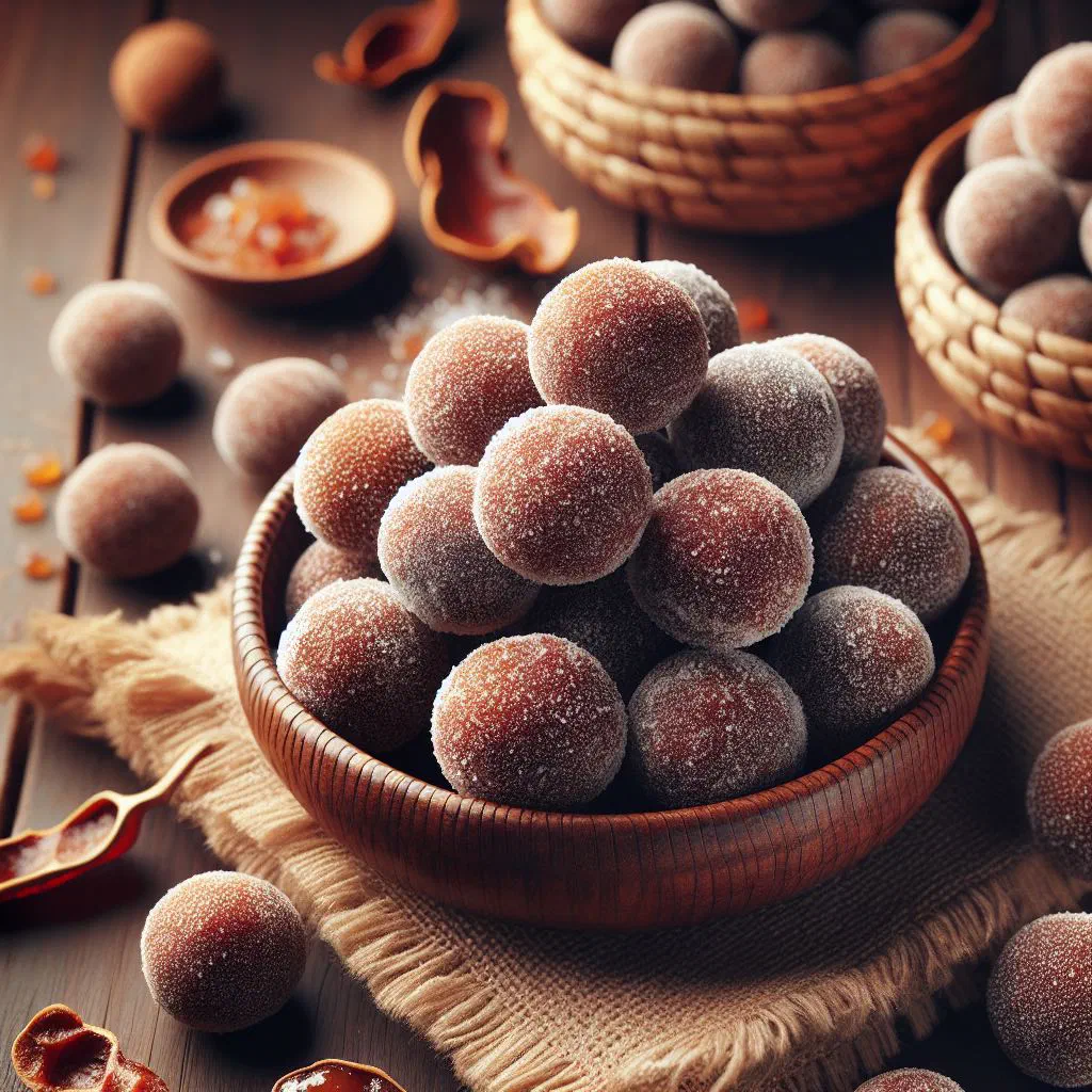 Sweet and sour tamarind balls rolled in sugar and grated coconut