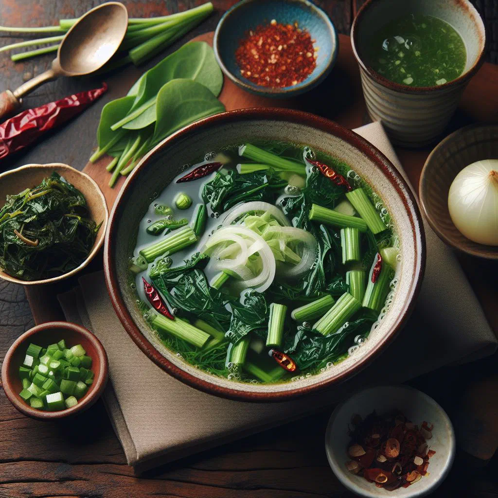 Bowl of green tanian leaf soup with sliced carrots and fresh herbs