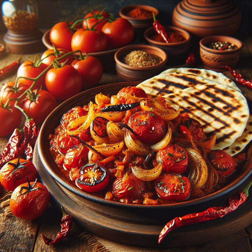 Bowl of tomato choka with soft tomatoes, onions and fresh coriander