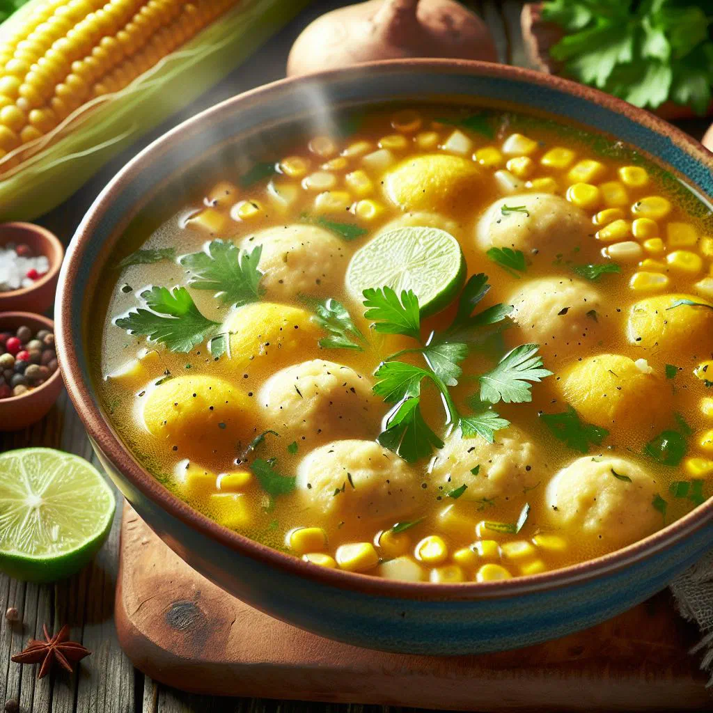 Creamy Trini corn soup with sweetcorn, potatoes and carrots in a bowl