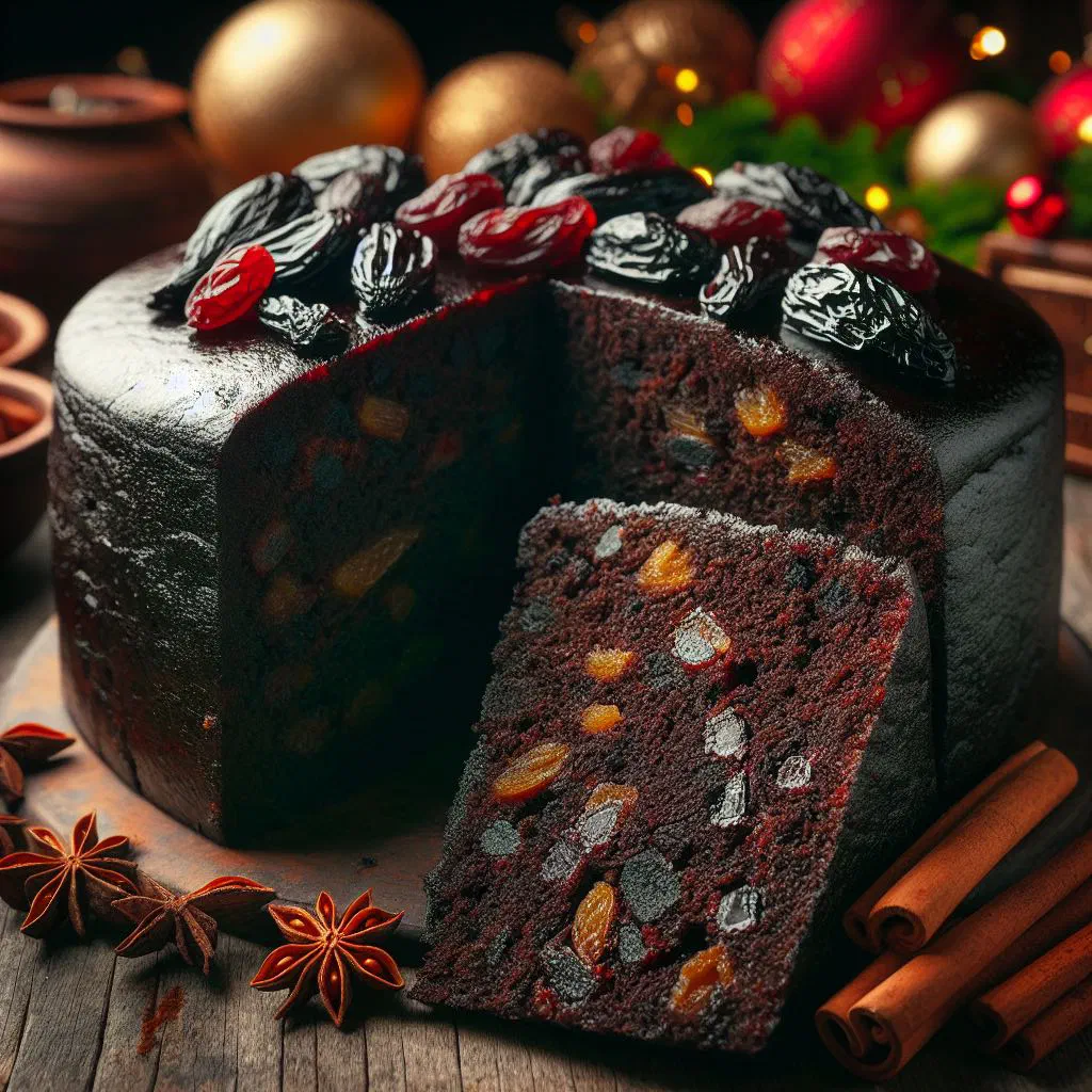 Dark, moist slice of Trinidad black cake studded with rum-soaked dried fruits