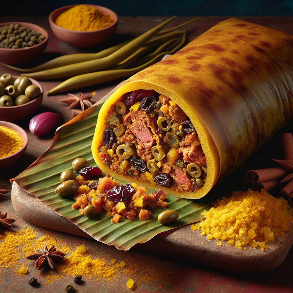 Trinidad pastelles filled with spiced meat, unwrapped and ready to serve