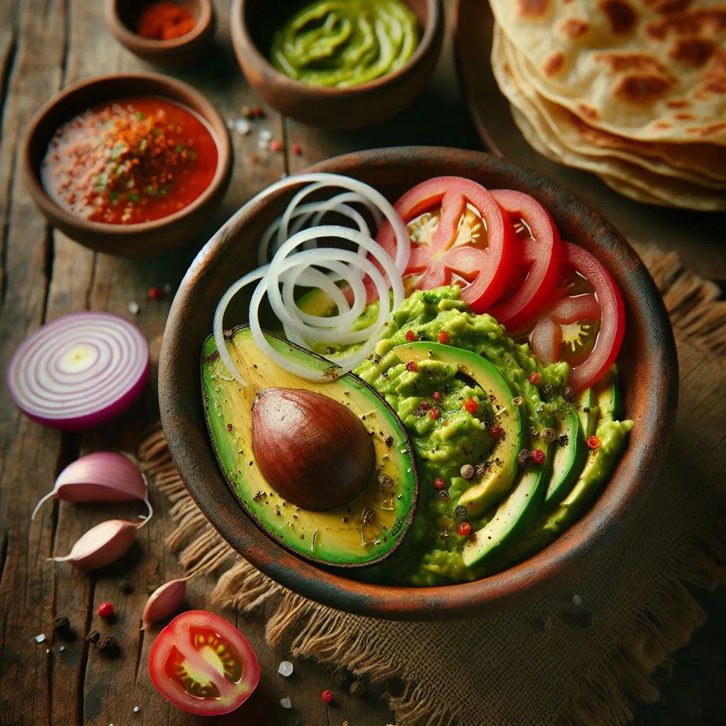 Bowl of creamy zaboca choka avocado dip with tomato, onion and fresh herbs