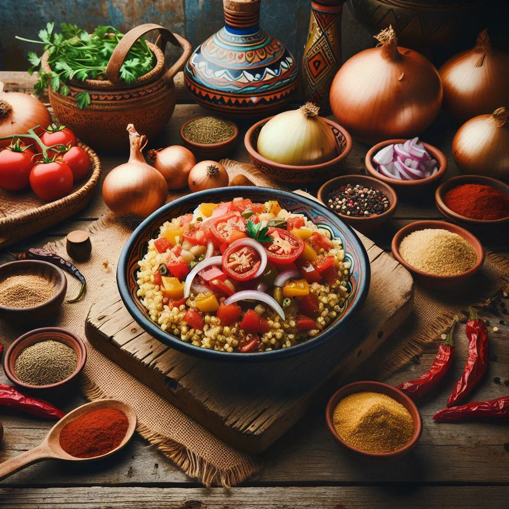 A bowl of Tunisian bulgur cooked with peppers and garnished with fresh parsley