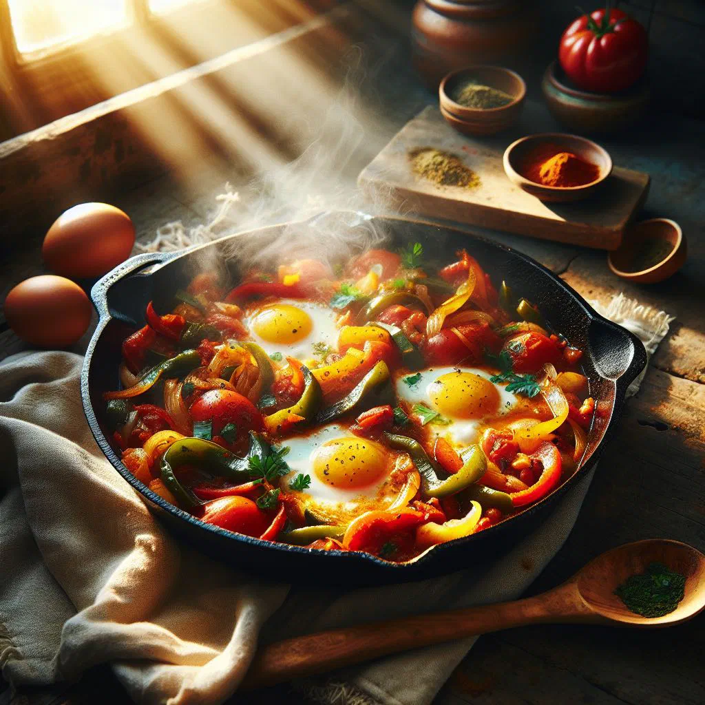 Chakchouka with eggs poached in a spiced tomato and pepper sauce