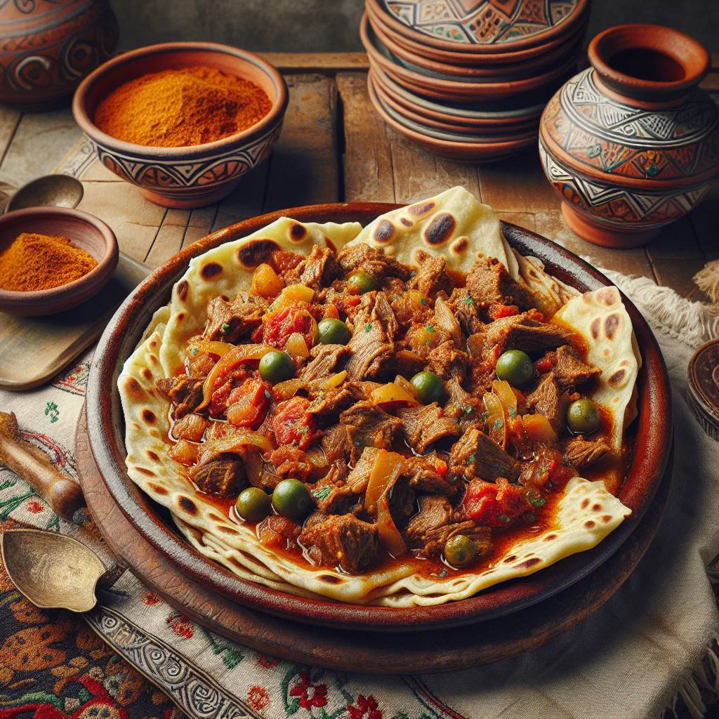 Chakhchoukha with torn flatbread pieces in a spiced meat and vegetable sauce