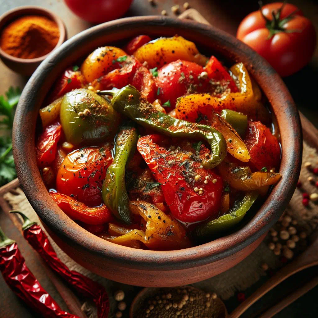 Chouchouka with stewed peppers, tomatoes and onions served with bread