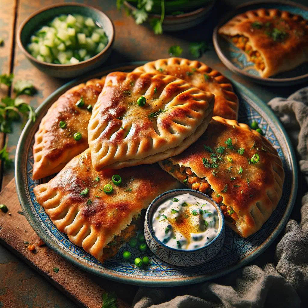 Golden Tunisian ftayer pastry pockets filled with spiced meat