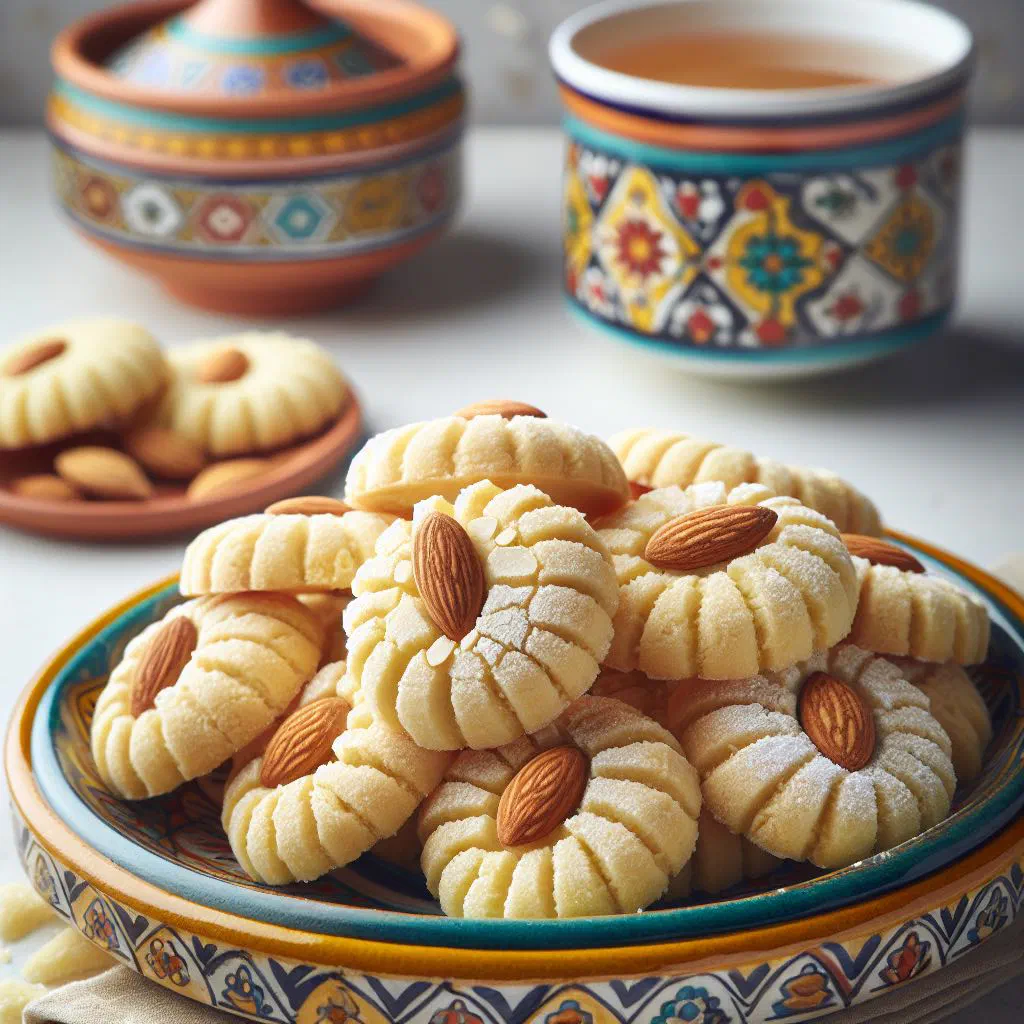 Golden Tunisian ghraiba cookies dusted with icing sugar on a plate