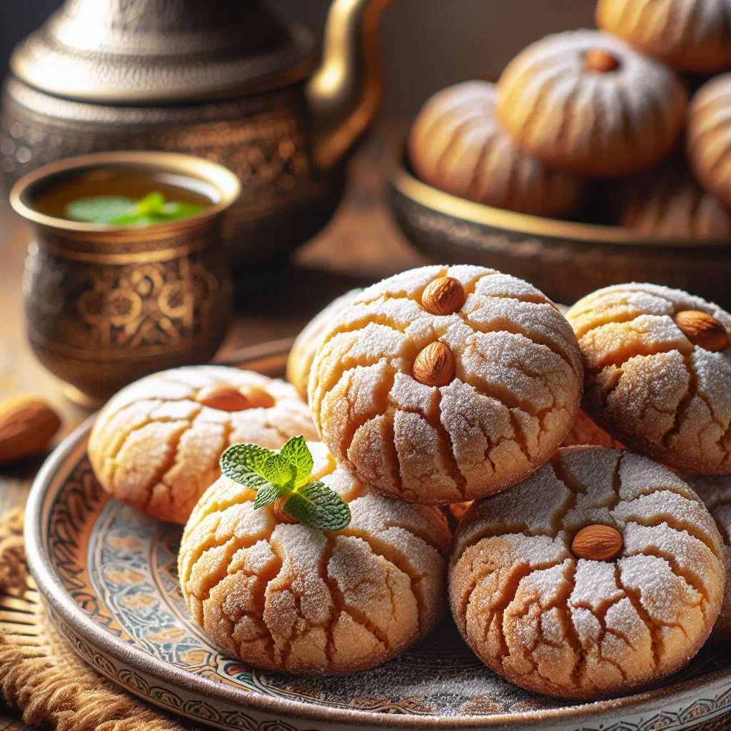 Almond ghriba biscuits dusted with icing sugar on a plate