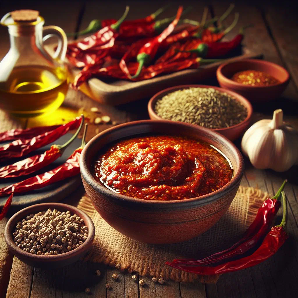 Bowl of deep-red Tunisian harissa chilli paste drizzled with olive oil