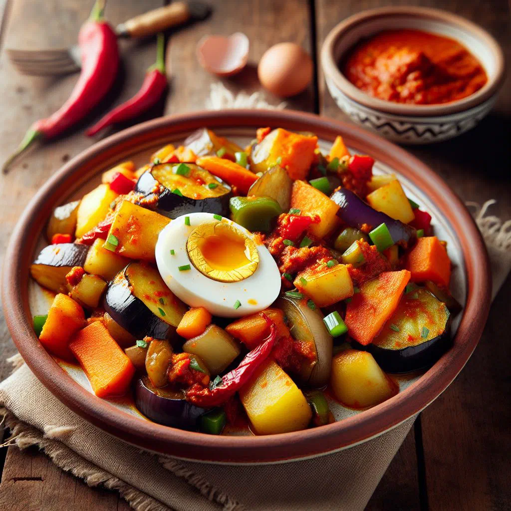 Kafteji of chopped fried vegetables and potatoes topped with a fried egg
