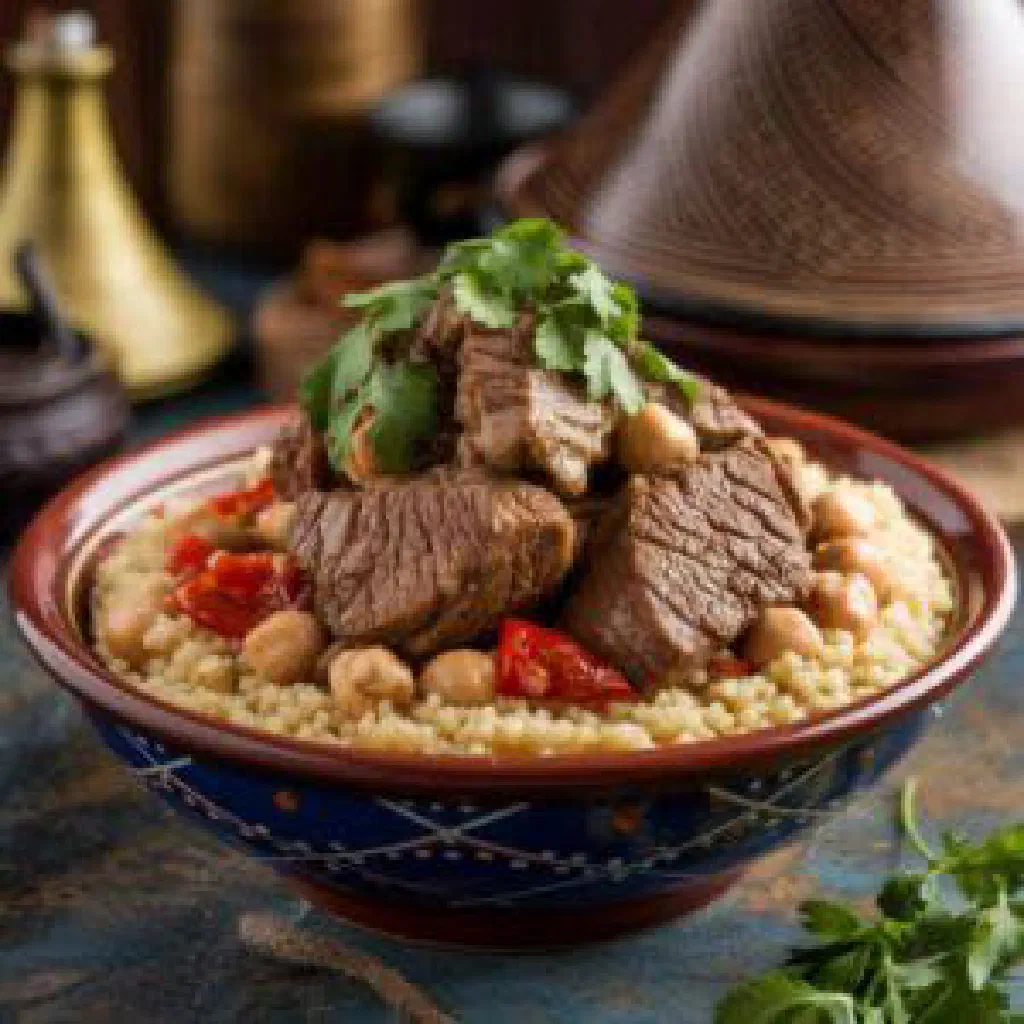 Kouskous derbous with tender meat, vegetables and fresh coriander