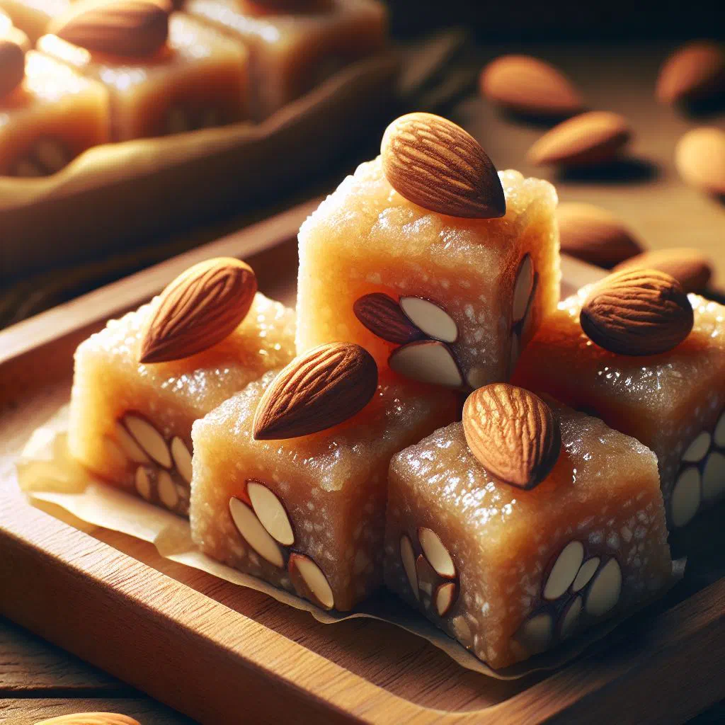 Diamond-shaped Makroud Louz almond sweets glazed with sugar syrup