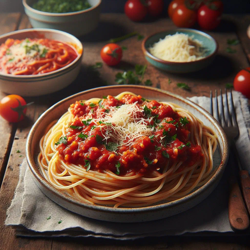 Makrouna bel salsa pasta in a rich tomato sauce, garnished with parsley