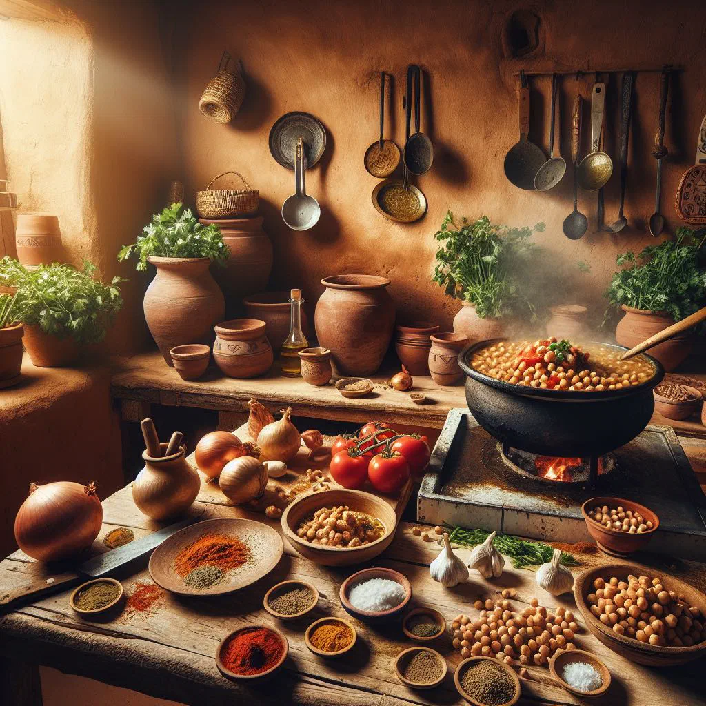 Bowl of Tunisian mhammas with couscous, spiced meat and fresh herbs