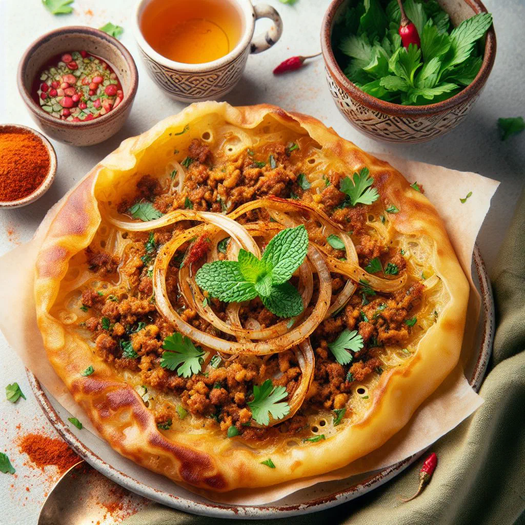 Tunisian mtabga flatbread topped with spiced tomato sauce and herbs