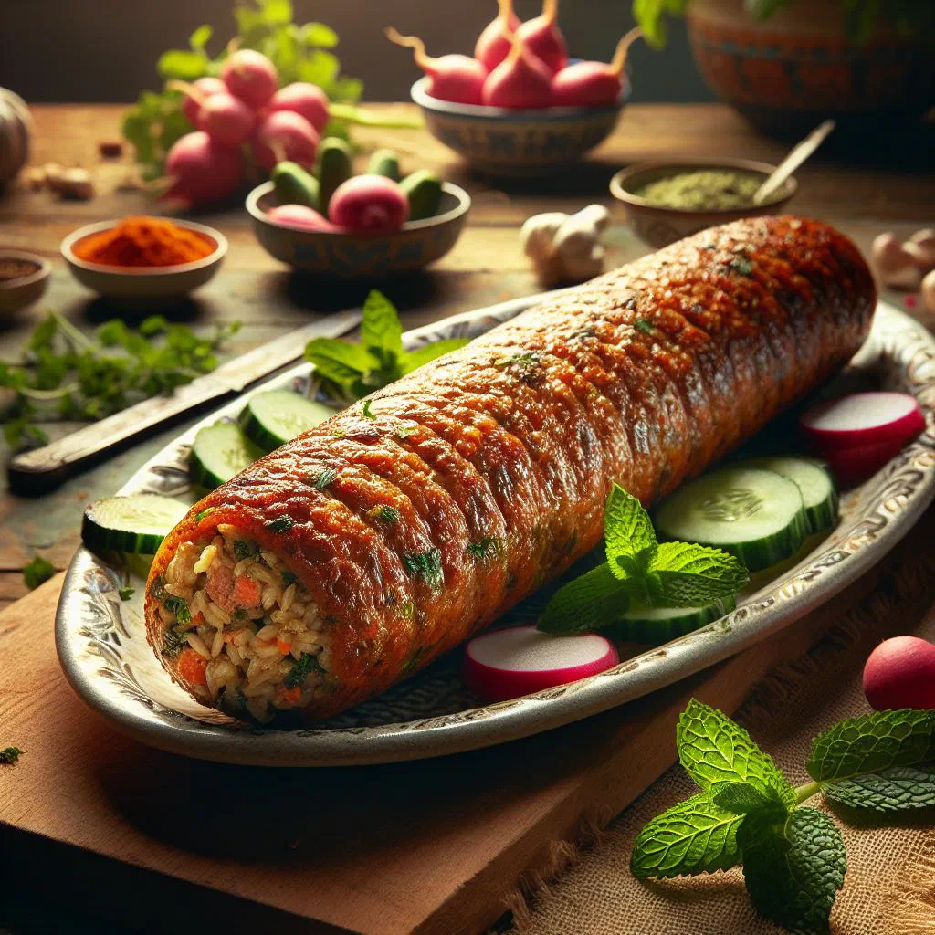 Sliced osban sausages stuffed with spiced lamb and rice, garnished with fresh herbs