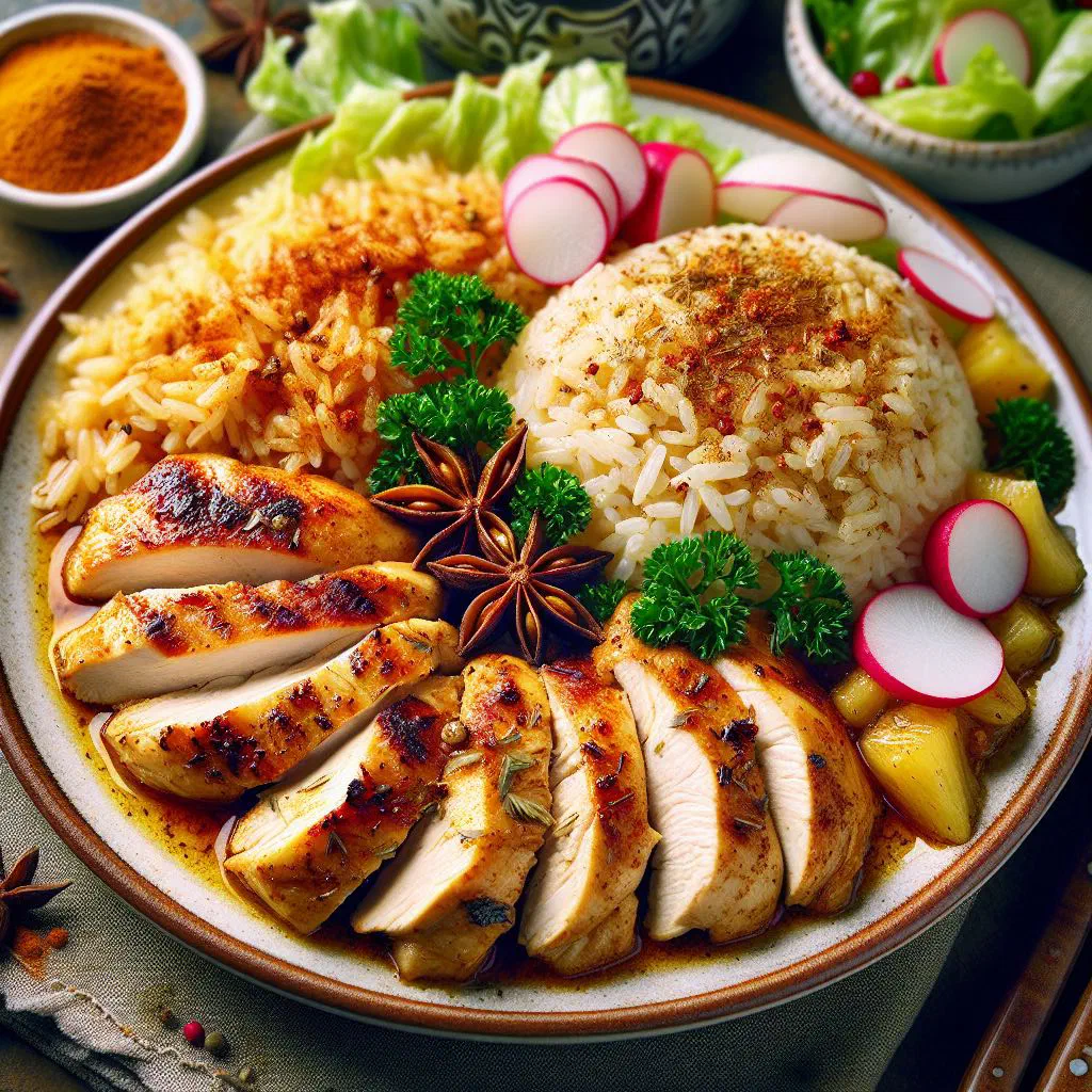 Tunisian rouz djej with spiced chicken over aromatic rice and fresh parsley