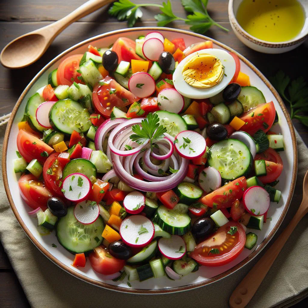 Bowl of Salade Tunisienne with diced tomatoes, peppers, tuna and olives