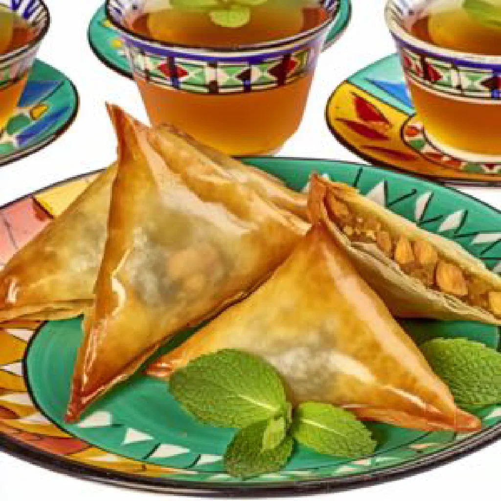 Crisp golden Tunisian samsa pastries dusted with icing sugar