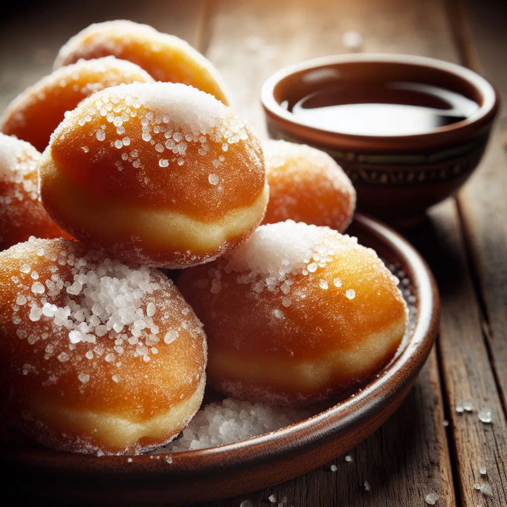 Golden fried sfenj doughnuts dusted with sugar and drizzled with honey