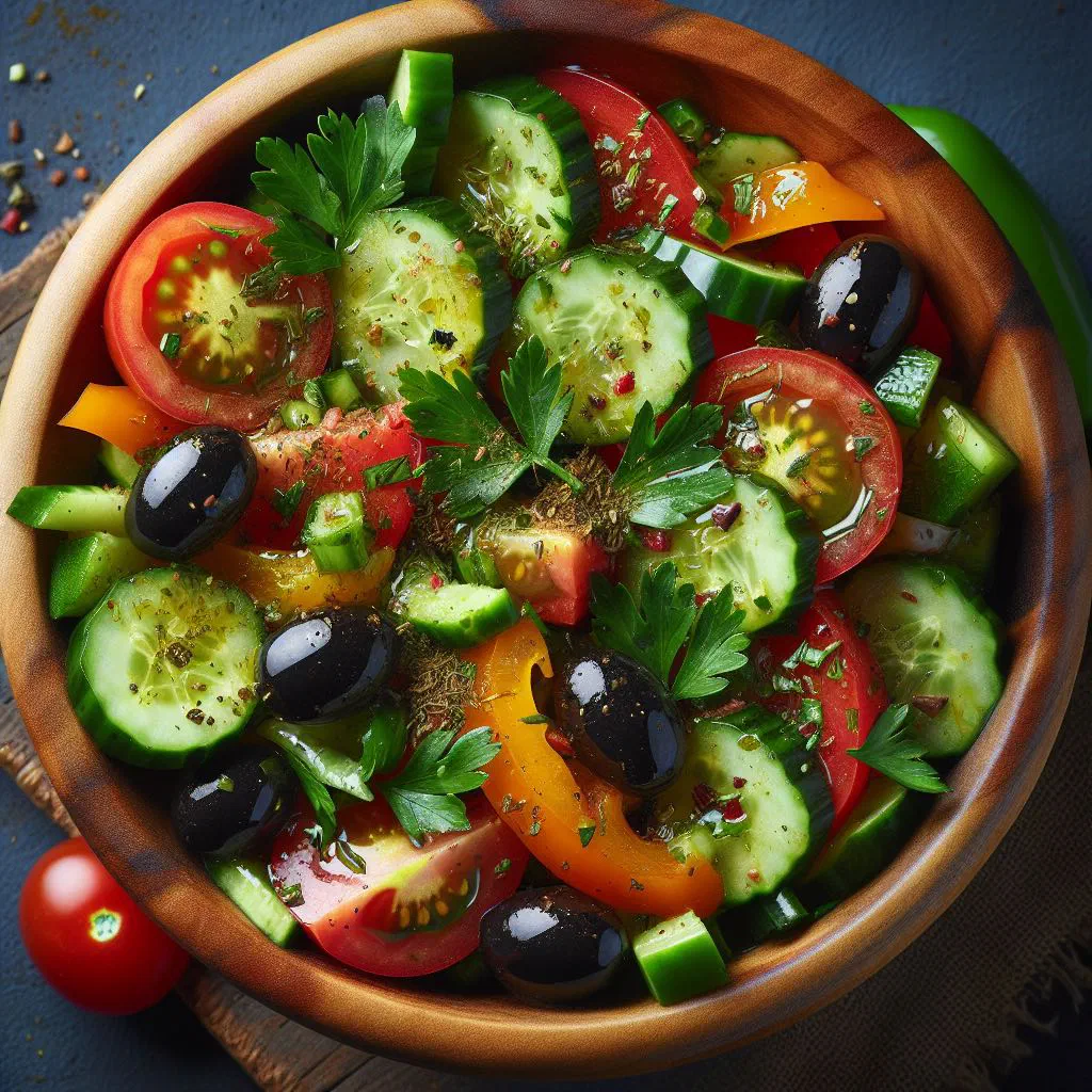 Colourful Tunisian slata tounsia salad with cucumber, tomatoes, peppers and black olives