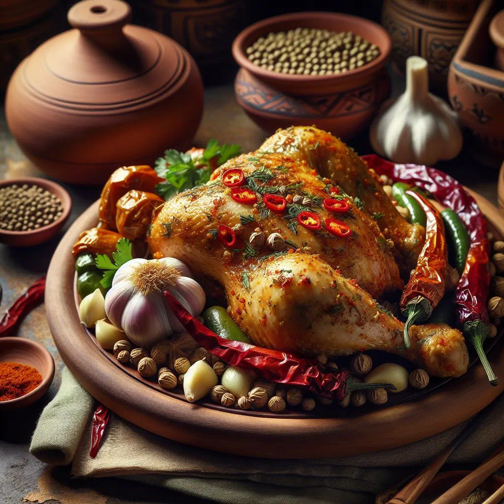 Golden pan-fried tabil chicken garnished with fresh herbs and lemon