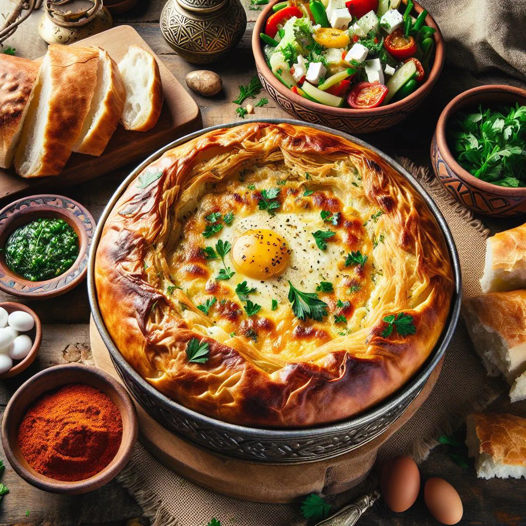 Golden baked Tajine Malsouka in layers of crisp pastry, garnished with fresh herbs