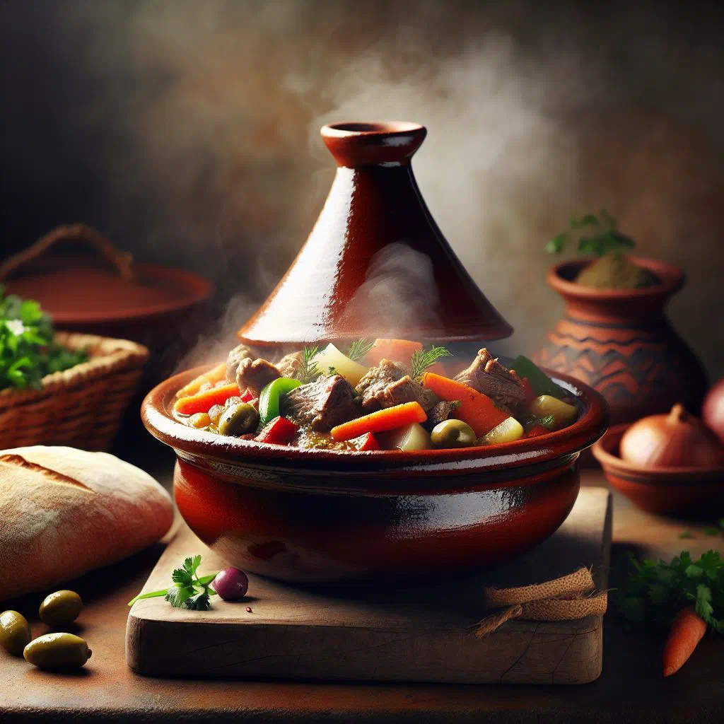 Baked Tunisian tajine with chicken, potatoes and eggs garnished with fresh herbs