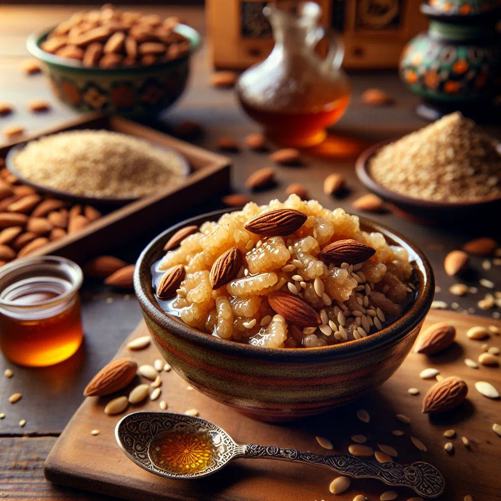Zgougou au miel dessert with pine nuts and honey, garnished with mint