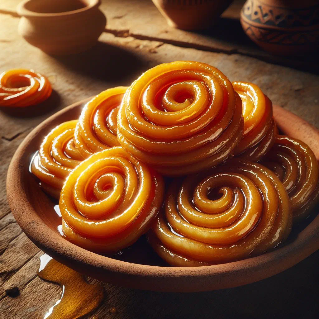 Golden fried Zlebia dough spirals glazed with sugar syrup
