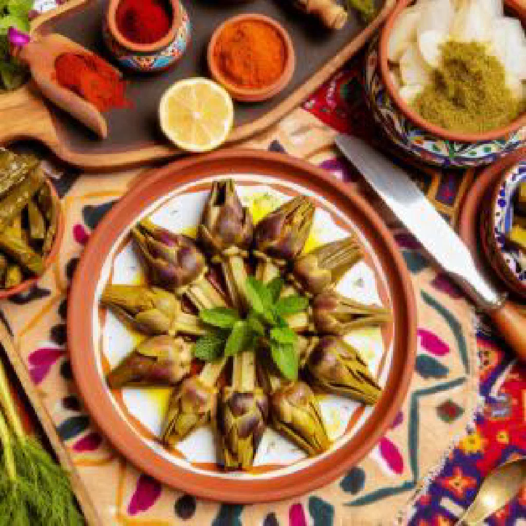 Braised artichokes in olive oil garnished with fresh parsley and lemon