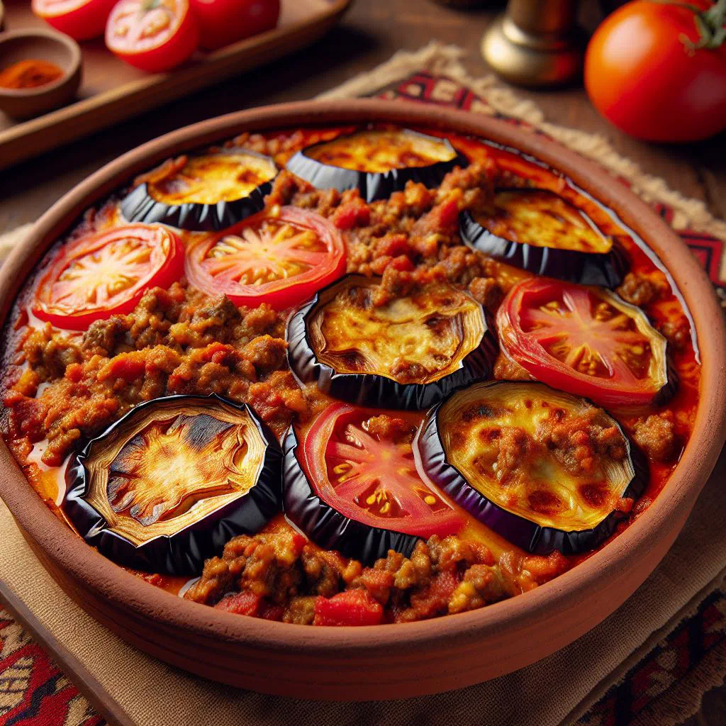 Layered Turkish aubergine moussaka with minced meat and tomato sauce, garnished with parsley