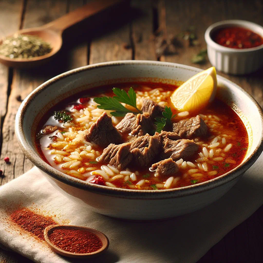 Bowl of beyran çorbası with tender lamb and rice in a spiced broth
