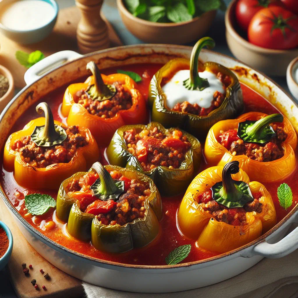 Turkish stuffed peppers garnished with fresh herbs
