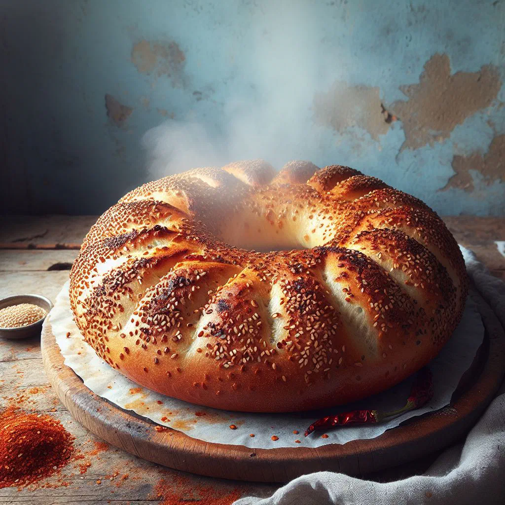 Golden Turkish biberli ekmek flatbread filled with spiced nuts and garnished with parsley