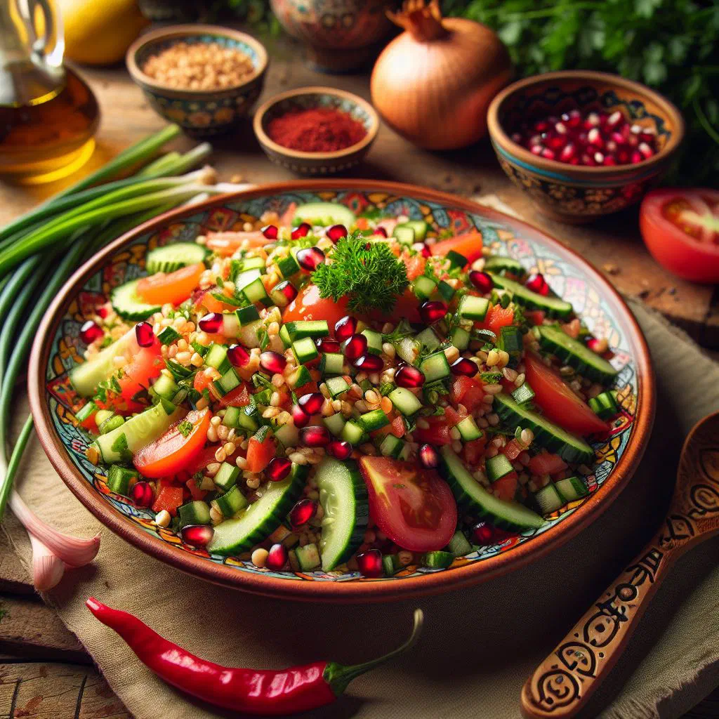 Turkish bulgur salad with parsley, mint, tomatoes and peppers in a bowl