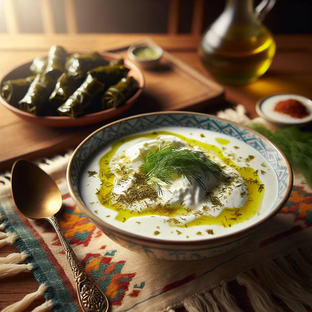 A bowl of cacık with cucumber, fresh mint and a drizzle of olive oil