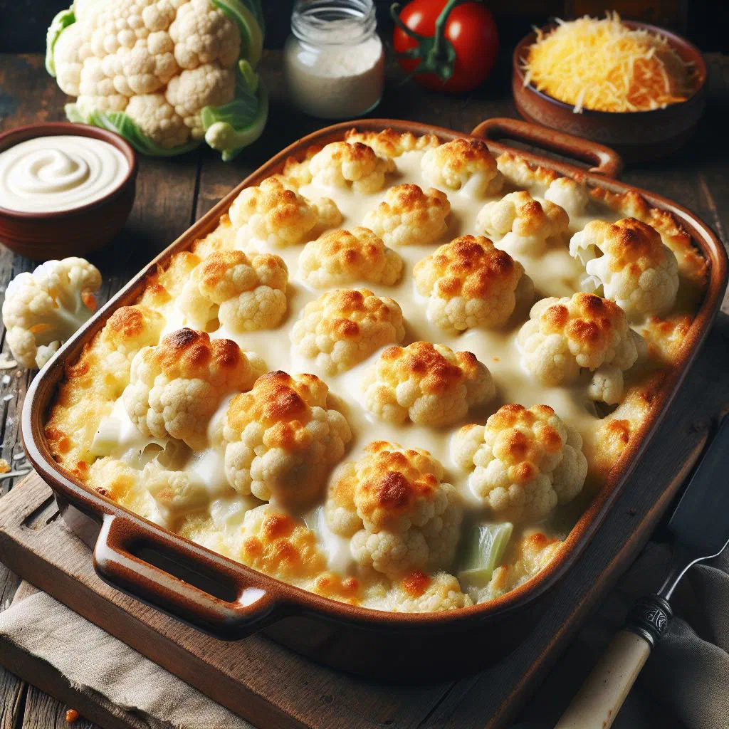 Baked cauliflower in creamy béchamel sauce with a golden cheese crust
