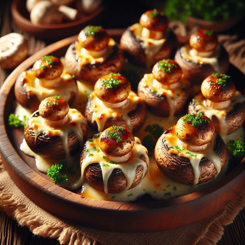 Baked stuffed mushrooms topped with golden melted cheese and parsley